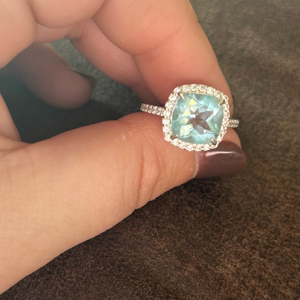 Aquamarine Cushion Cut Halo Sterling Silver Ring - Picture 5 of 5